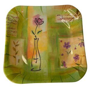 Square Melamine Serving‎ Plate Floral Vase Green Purple Beach House Pic-nic 11"